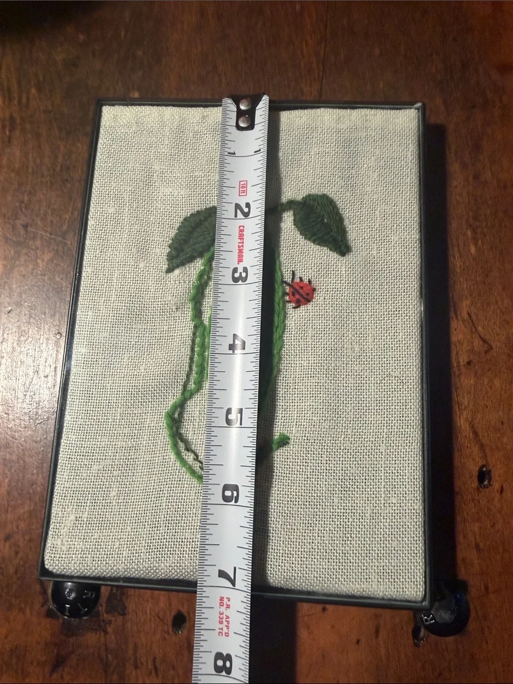 Vtg Hand-Embroidered Pea Pod Art with Ladybug Framed